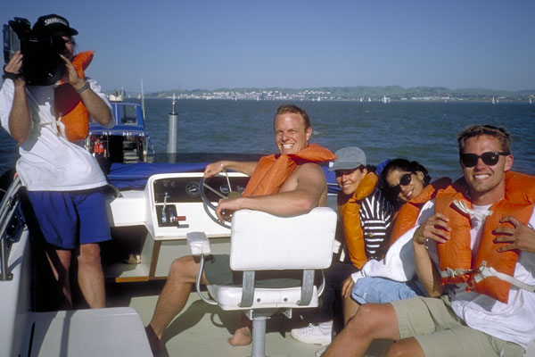 The crew powerboating while shooting "Sailing on San Francisco Bay"